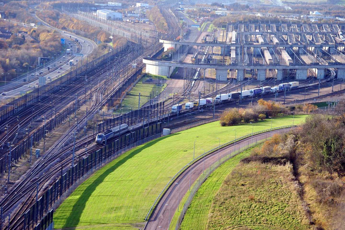 Lorries on a shuttle train at the Eurotunnel terminal in Folkestone, the tunnel route for removals from Kent to France