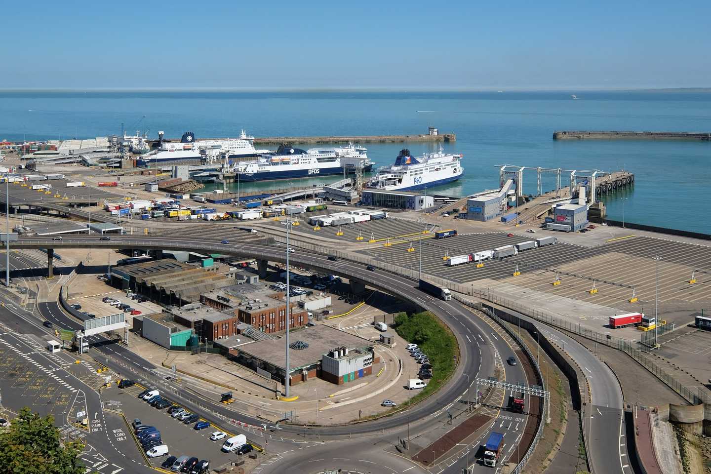 Port of Dover Eastern Docks with ferries at the quayside and lorry lanes — the ferry route our Kent international removals use